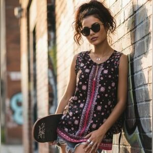 Max Cocos Floral & Ethnic Top | Boho-Chic Style | Black & Pink, size L